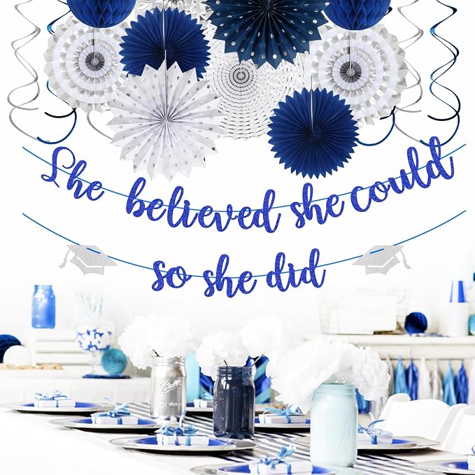 Navy-Blue Silver Party-Decorations Graduation Banner-Streamers - Image 4