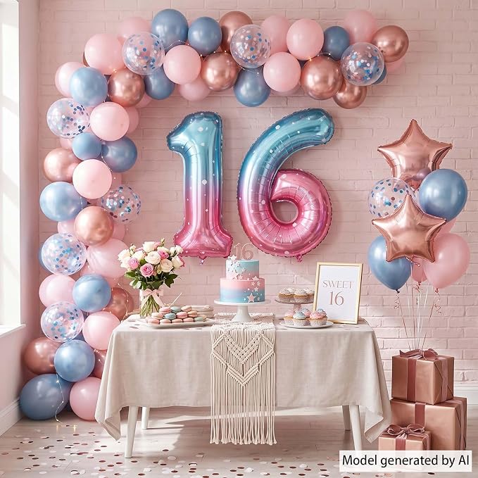 40 Inch Blue Pink Number 16 Balloon, Sweet 16 Ombre Foil Birthday Decor | 40in - Image 3