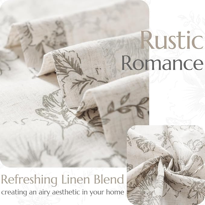jinchan Grey Floral Linen Curtains 45 Inch Vintage Back Tab 2 Panels | Light - Image 9