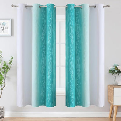 Estelar Textiler Teal and Greyish White Ombre Blackout Curtains 72 Inches Length - Image 2