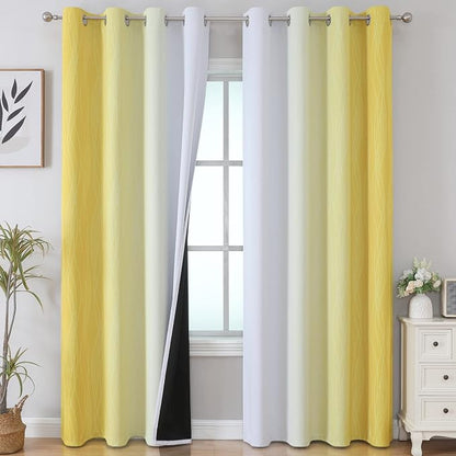 Yellow and Greyish White Gradient Blackout Curtains, Thermal Insulated Ombre by ESTELARTEXTILER
