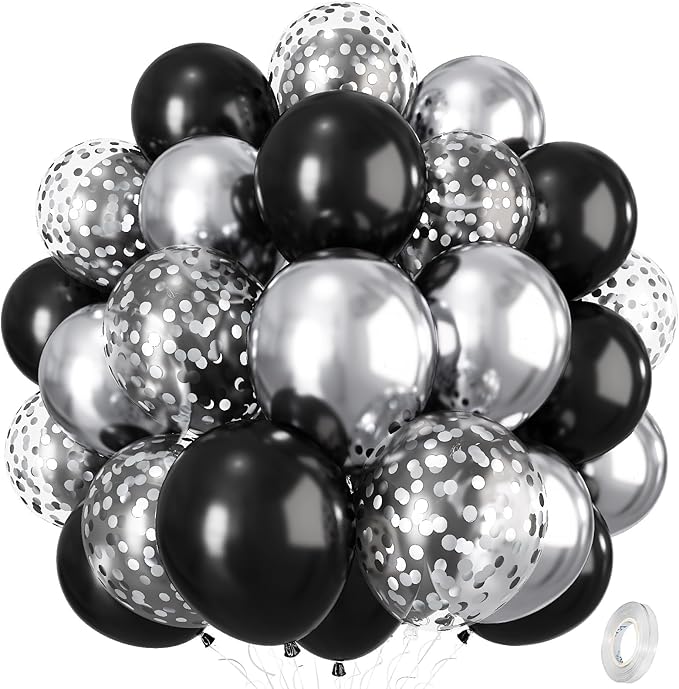 Black and Silver Balloons, 12 Inch Metallic Chrome Black Silver Confetti Latex by Isndare