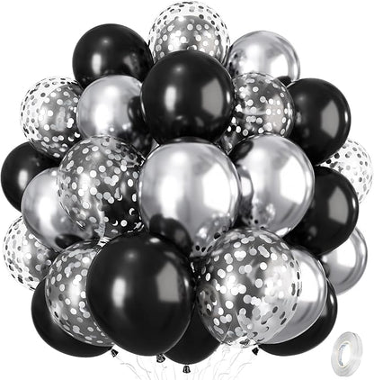 Black and Silver Balloons, 12 Inch Metallic Chrome Black Silver Confetti Latex by Isndare