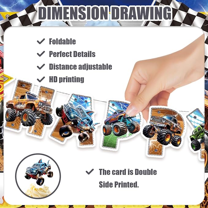 42Pack Monster truck Party decoration pack include Banner, Honeycomb - Image 4