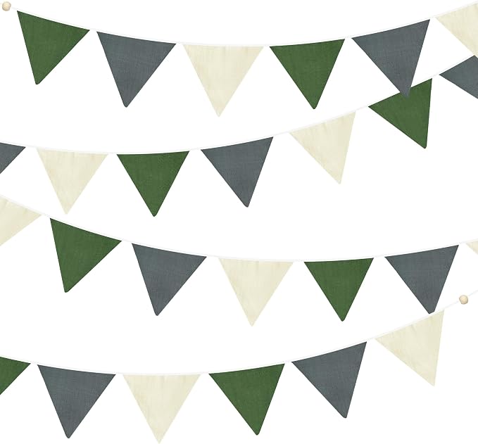 2 Sets of Green Grey Beige Nursery Garland 24Pcs Woodland Fabric Linen Pennant by pinkblume