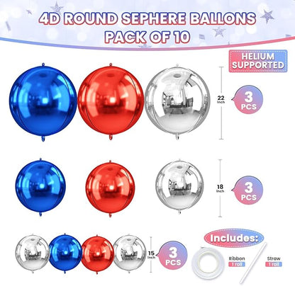 10Pcs Red and Blue Round Foil Balloons, Metallic Silver Red Blue Foil Baloon - Image 2