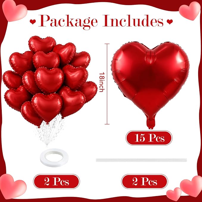 TONIFUL 15 Pack 18 Inch Matte Red Heart Foil Balloons – Red Mylar Heart Balloons - Image 2