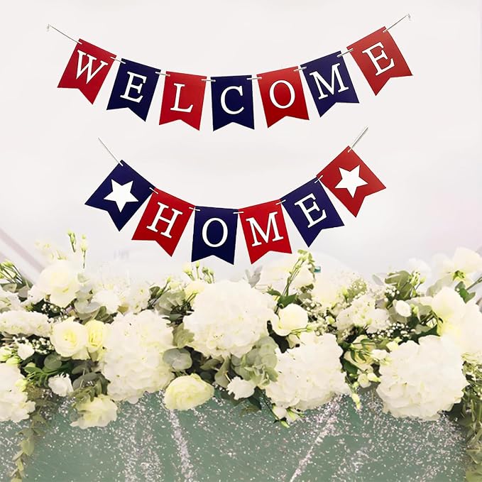 Welcome Home Banner Decorations Glitter Red Blue Bunting Backdrop - Image 5