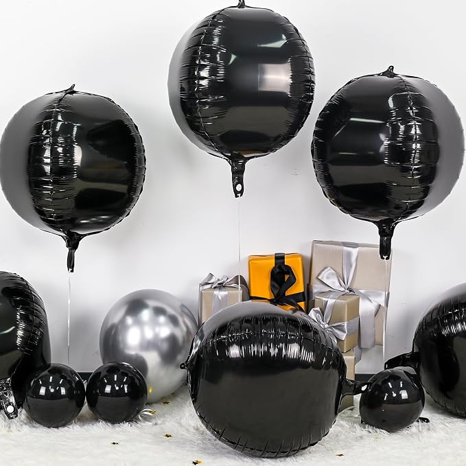6Pcs Black Round Foil Balloons, Giant 4D Round Ball Balloons, 22 Inch Metallic - Image 3