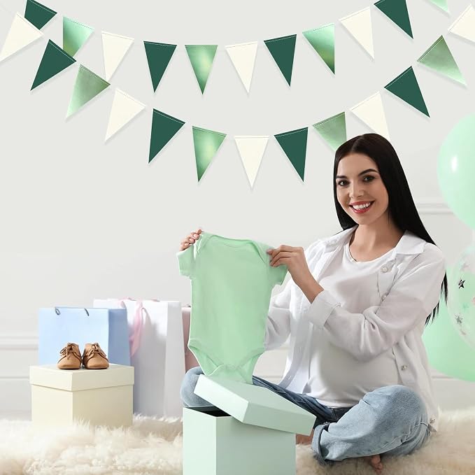 Sage Green Decorations Hanging Paper Pennant Banner Flag Green Beige Triangle - Image 6