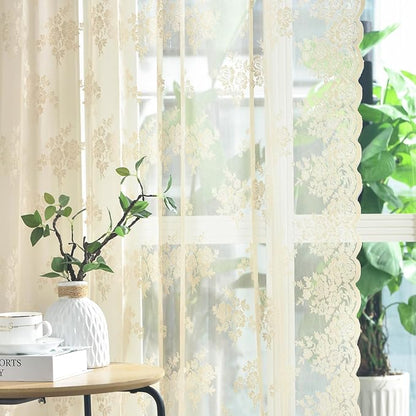 Kotile Beige Lace Curtains for Living Room Floral 52 x 80 Inch, 2 Panels | Rod - Image 5