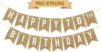 Netnology Pre-Strung Gold Glitter 70th Happy Birthday Banner Decorations | 12 by Netnology