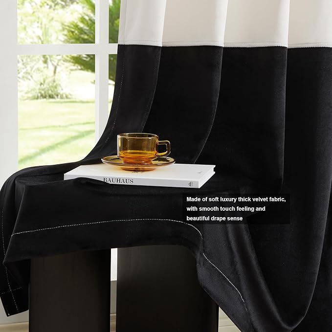 Modern Cream White Black Decorative Velvet Curtains 96 inches 2 Panels | Color - Image 5