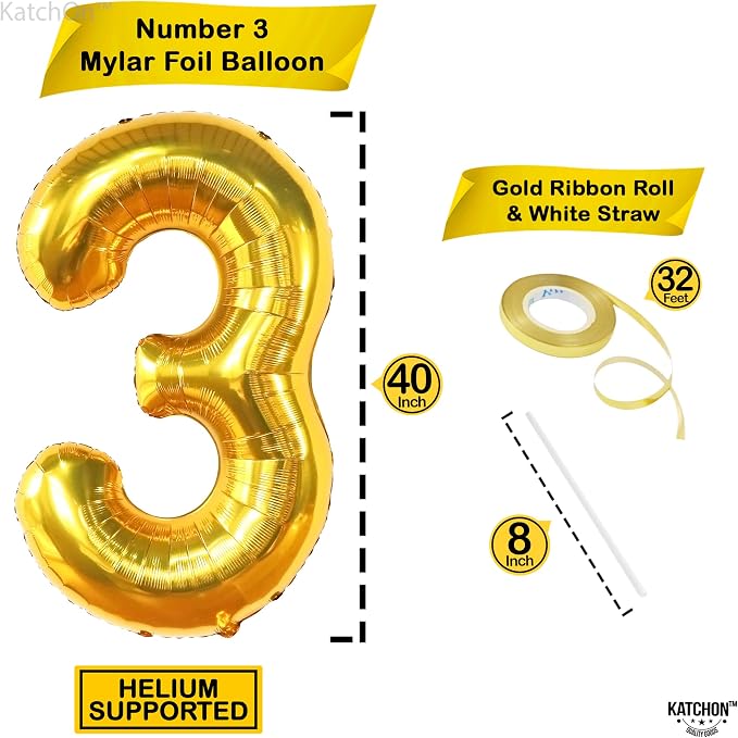 KatchOn Gold Number 3 Balloon 40 Inch, Birthday Decorations - Image 2