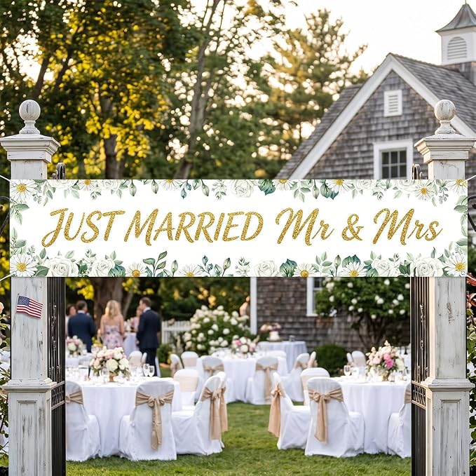 Just Married Mr And Mrs Wedding Decor Banner Decorations Party Hanging | - Image 4