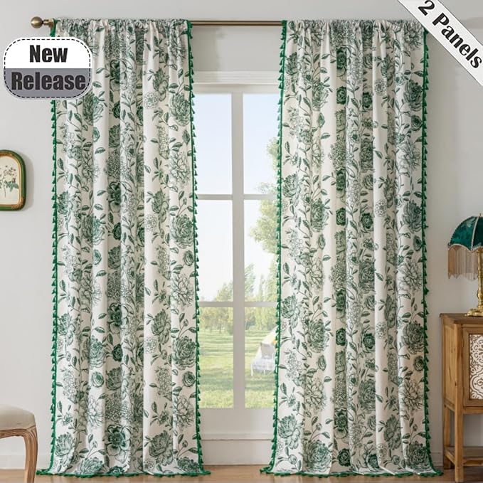 F-CHU Bohemian Curtains for Bedroom 63 Inch Length French Country Floral Drapes - Image 2