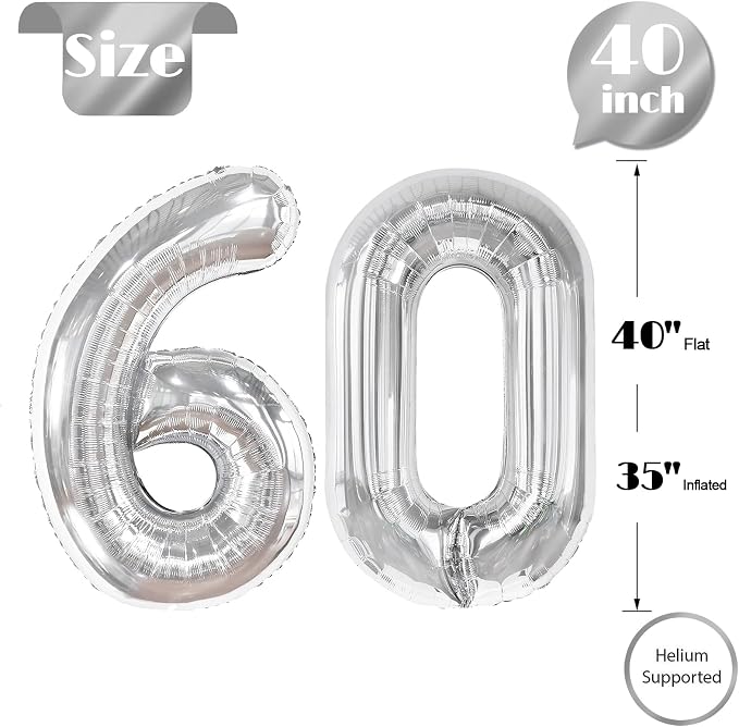 Silver Number 60 Balloon 40 Inch, 60th Birthday Decorations Men Women | Foil - Image 5