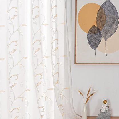 White Sheer Curtains Beige Embroidered Leaves 2 Panels 54Wx108L | Light by VISIONTEX