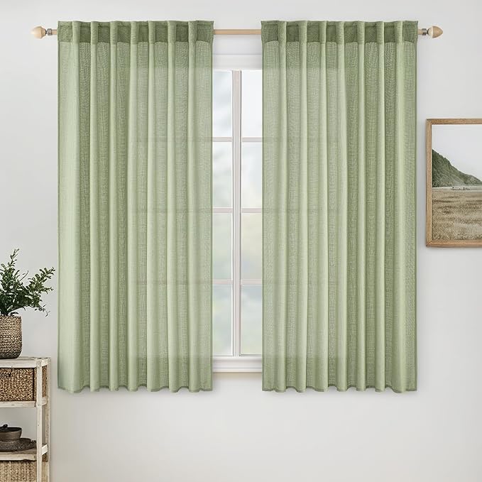 MIULEE Sage Green Linen Curtains 52x63 Inch Length 2 Panels by MIULEE