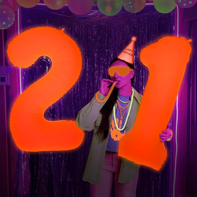 Mega-L Glow in The Dark Party Supplies, 40 Inch Orange Number 2 Balloon | Glow - Image 2