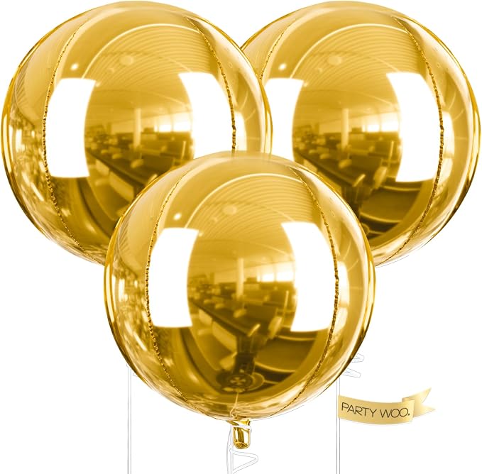 PartyWoo Metallic Gold Large Round Giant 4D Foil Balloons 3pcs 50 Inch | 50 Inch by PartyWoo