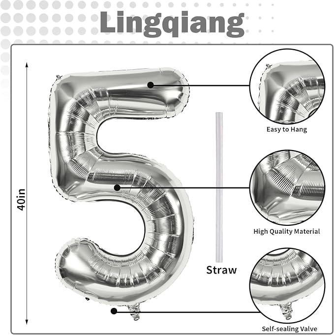 40 Inch Silver Large Numbers Balloons 5, Self Inflating Digit 5 Helium Balloons - Image 2