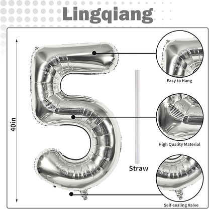 40 Inch Silver Large Numbers Balloons 5, Self Inflating Digit 5 Helium Balloons - Image 2