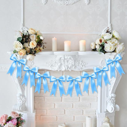 1 String of 8PCS Blue Bow Garland Banner Decoration, Pre-Strung Satin Ribbon - Image 5