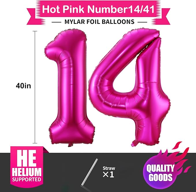 Hot Pink 14 Balloon Numbers, 40 Inch 14th or 41st Birthday Balloon Foil Mylar - Image 2