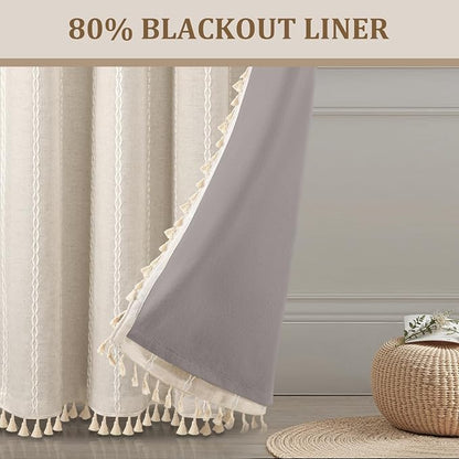 80% Boho Blackout Curtains 96 Inch Linen Blend Drapes 2 Panels | Vintage - Image 2