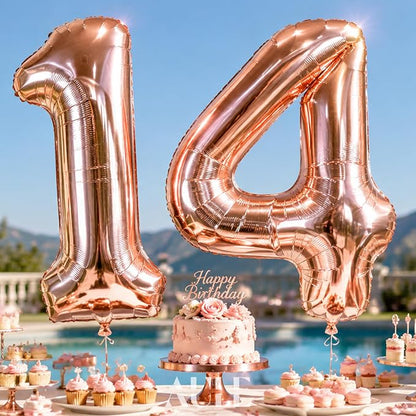 AULE 40 Inch Rose Gold 14 Balloon Number Foil 0-9 Birthday Big Numbers | - Image 2