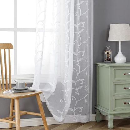 White Sheer Curtains Embroidered Leaves 2 Panels 54Wx84L | Light Filtering - Image 5