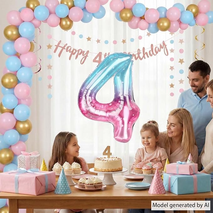 40 Inch Pink Blue Number 4 Balloon, Large Gradient Pink Blue Mylar Foil Number - Image 2