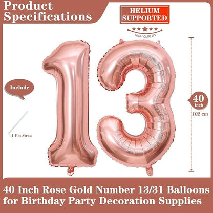 Rose Gold 13 Number Balloons, 40 Inch Giant Number 13 Balloons Foil Mylar - Image 2