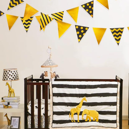 39 Ft Black Gold Triangle Pennant Banner Metallic Foil Polka Dot Stripe Paper - Image 4