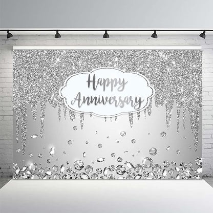 AIBIIN 10x7ft Happy Anniversary Backdrop Silver Dripping Glitter Crystals by AIBIIN
