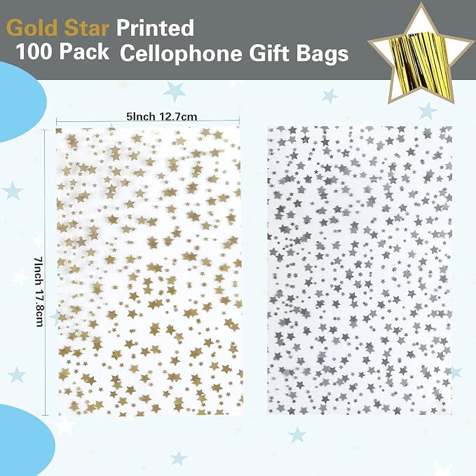 COQOFA 200 Pcs Star Printed 5"X7" Gift Wrap Cello Cellophane Clear Candy Cookie - Image 2