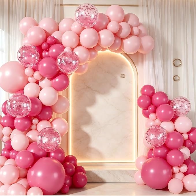 143 Pcs Hot Pink Confetti Rose Red Pink Balloon Arch Garland Kit | - Image 4