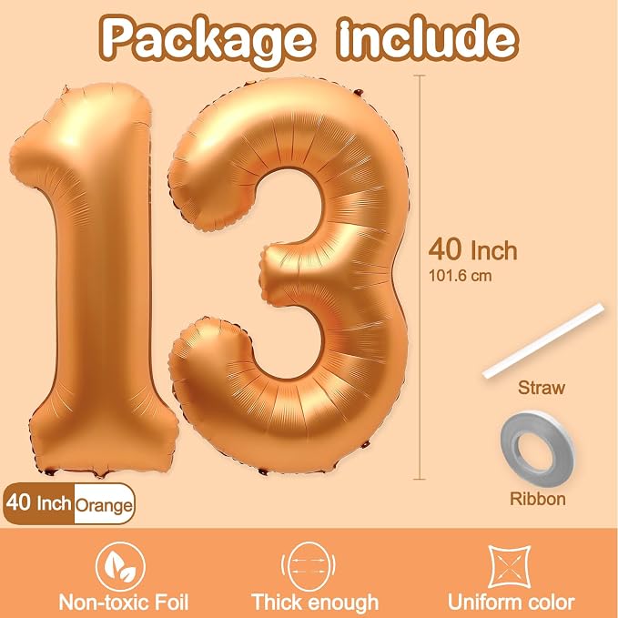 13 Balloon Number, 40 Inch Orange Foil Balloons Giant Jumbo Helium Number 13 or - Image 2