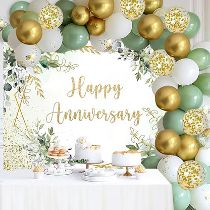 Withu Happy Anniversary Backdrop Sign Decorations Banner Sage Green Gold - Image 2