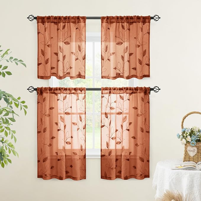 HOMEIDEAS Fall Burnt Orange Sheer Kitchen Curtains 30 X 36 Inch Length 2 Panels - Image 5