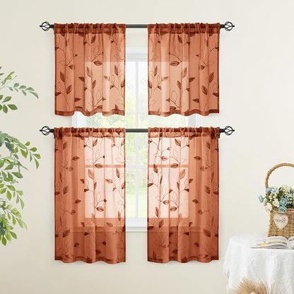 HOMEIDEAS Fall Burnt Orange Sheer Kitchen Curtains 30 X 36 Inch Length 2 Panels - Image 5