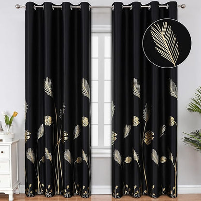 Black Blackout Curtains 108 Inches Length Gold Leaf and Wheat Pattern Window by ESTELARTEXTILER