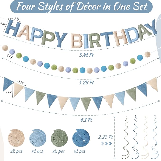 Kriyokiaa Dusty Blue Sage Green Happy Birthday Banner Party Set | Pre-strung - Image 4
