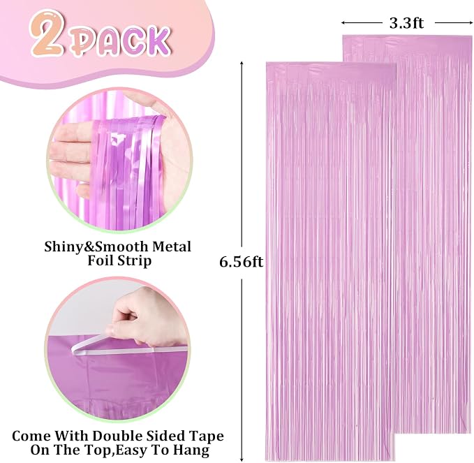 Voircoloria Pastel Purple Foil Fringe Backdrop Curtains, 2 Pack | Tinsel - Image 2