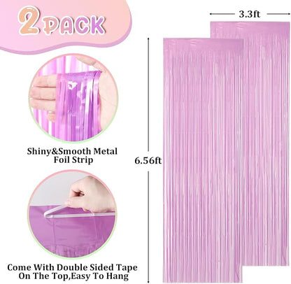Voircoloria Pastel Purple Foil Fringe Backdrop Curtains, 2 Pack | Tinsel - Image 2