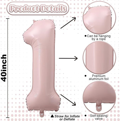 Pastel Pink 12 Balloons Number for Girls, Big Light Blush Pink Foil 1 & 2 - Image 2
