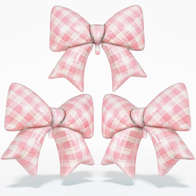 Pink Plaid Bow Balloons, 38 Inch Pink Giant Gingham Checkered Bowknot Foil by Togvu