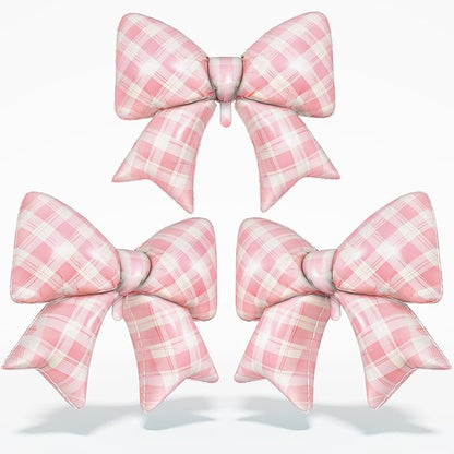 Pink Plaid Bow Balloons, 38 Inch Pink Giant Gingham Checkered Bowknot Foil by Togvu