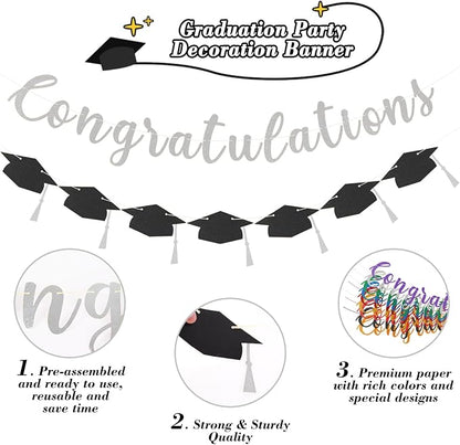 Class of 2026 Graduation Decorations Pre-Strung Glitter Congratulations Banner - Image 2